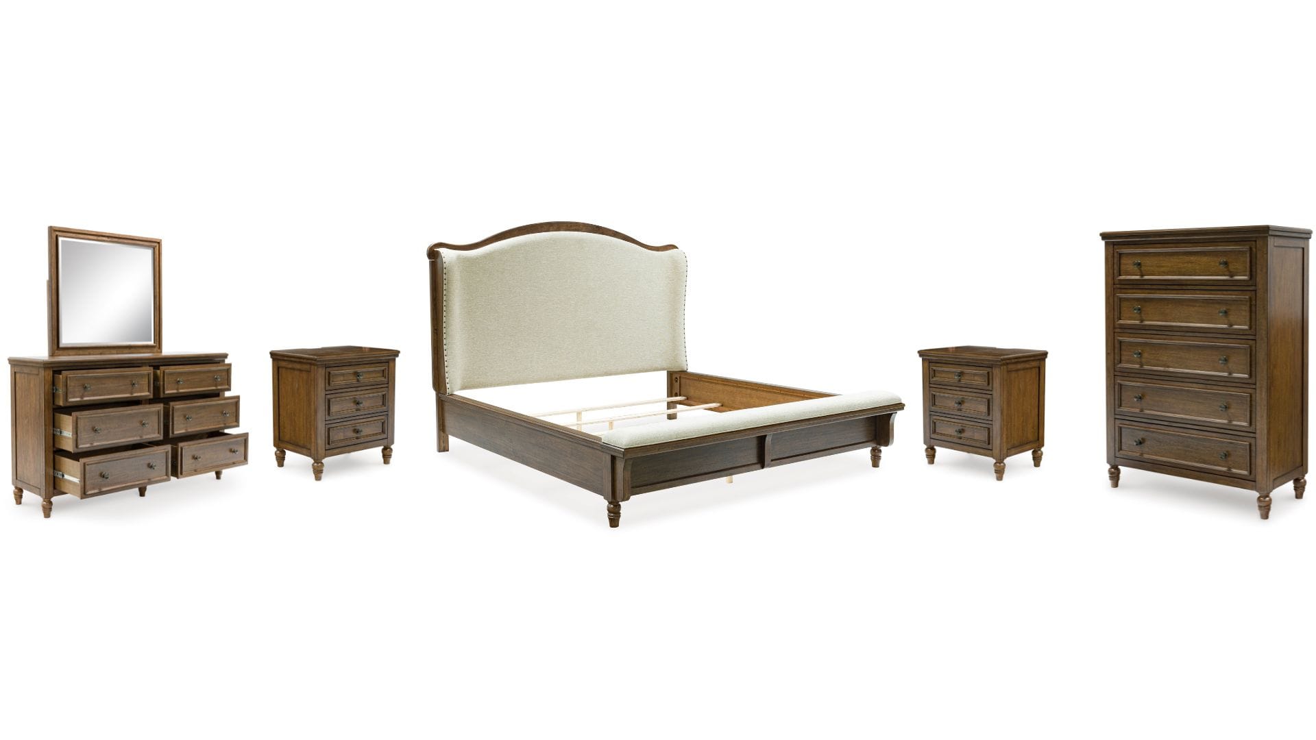 01K30R98GTARR4EYMHSXN4MHS4.jpg STURLAYNE KING BEDROOM SET (BED + 2 NIGHTSTANDS + MIRRORED DRESSER + CHEST OF DRAWERS) - Image 1