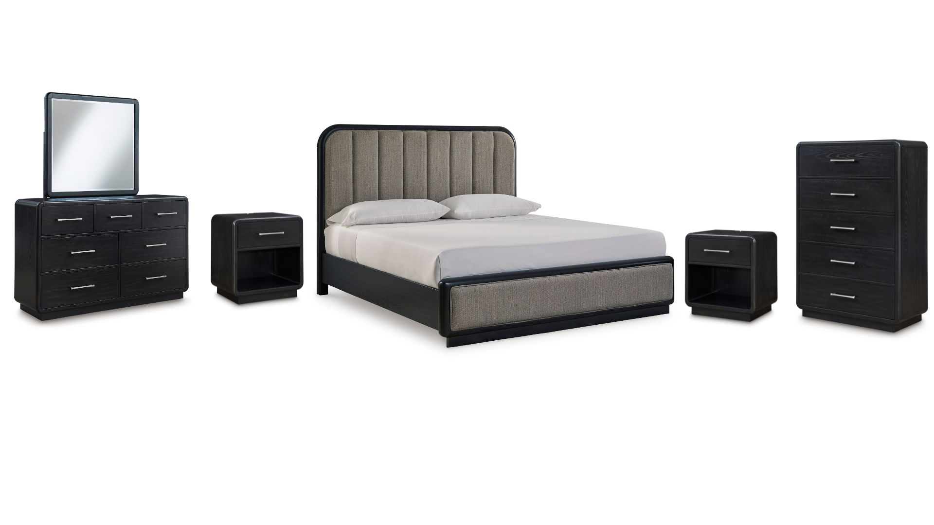01K30RA3462CVMVFCJN5SA68VN.jpg ROWANBECK BEDROOM SET (BED + 2 NIGHTSTANDS + CHEST OF DRAWERS + MIRRORED DRESSER) - Image 1