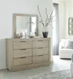 HENNINGTON UPHOLSTERED BEDROOM SET (BED + MIRRORED DRESSER + CHEST OF DRAWERS)