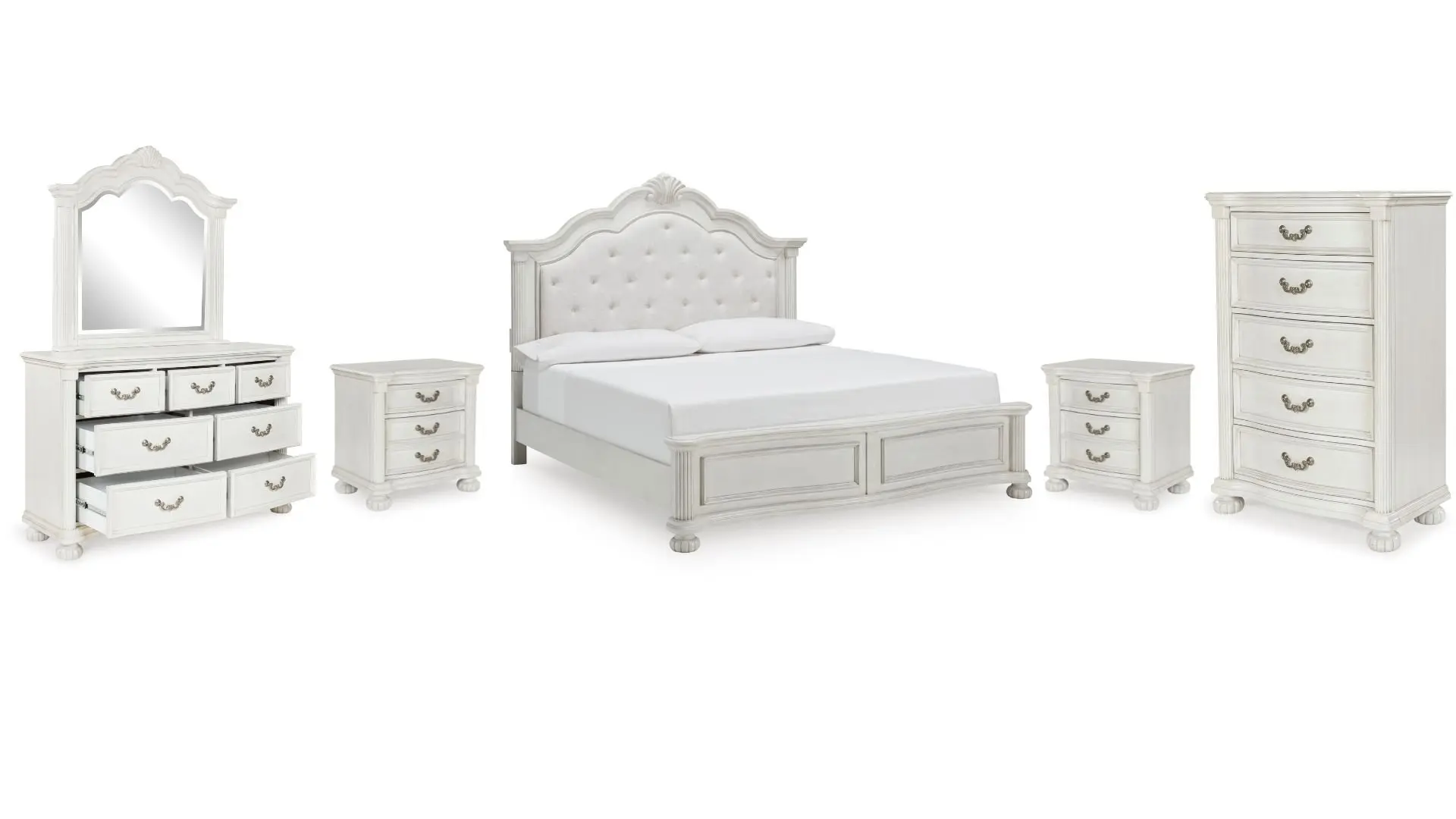 3000289_01K30R991ZFRKH6N1019HR9Q6R.jpg MONTENLANE BEDROOM SET (BED + 2 NIGHTSTANDS + CHEST OF DRAWERS + MIRRORED DRESSER)