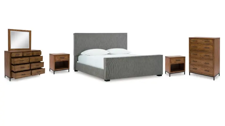 STEENLAGE BEDROOM SET (BED + 2 NIGHTSTANDS + CHEST OF DRAWERS + MIRRORED DRESSER)
