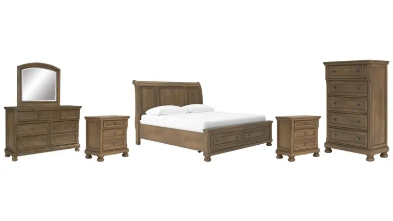 VANDENMORE BEDROOM SET (BED + 2 NIGHTSTANDS + CHEST OF DRAWERS + MIRRORED DRESSER)