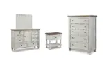 HAVALANCE BEDROOM SUITE (BED + 2 NIGHTSTANDS + MIRRORED DRESSER + CHEST OF DRAWERS)