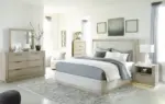 HENNINGTON UPHOLSTERED BEDROOM SET (BED + MIRRORED DRESSER + CHEST OF DRAWERS)