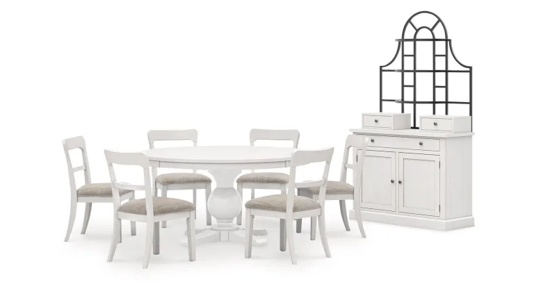 CHADWORTH ROUND DINING SET WITH 6 CHAIRS AND A BAKERS RACK