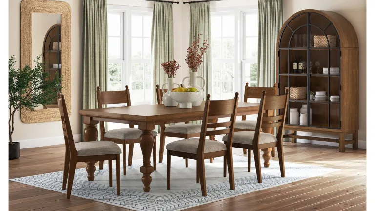 CHADWORTH EXTENDABLE DINING SET WITH 6 CHAIRS AND A DISPLAY CABINET